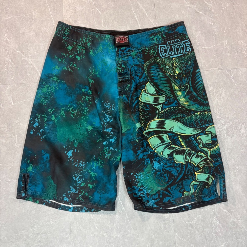 MMA Elite Mens Blue Green Cobra Graphic Board Shorts Swim Trunks Size Medium